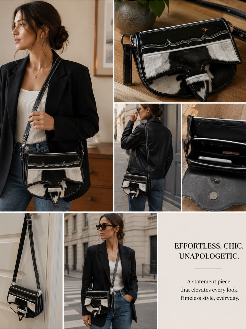 Stylish Black And White Women's Leather & Fur Crossbody Bag Stamped Made In Colo